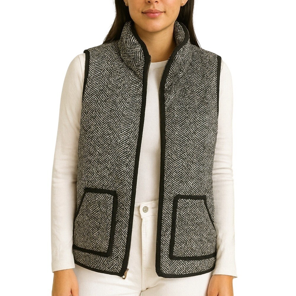 Womens Sz Med Herringbone Puffer Vest Gameday Couture Gold Zipper Cotton Blend